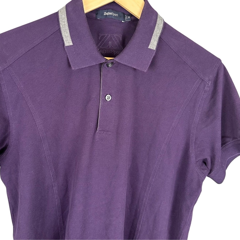 Zegna Sport Mens Purple Pique Polo Shirt Grey Trim Short Sleeve Size M